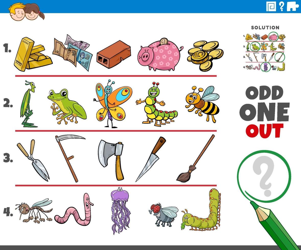 odd one out picture game with cartoon objects and animals vector