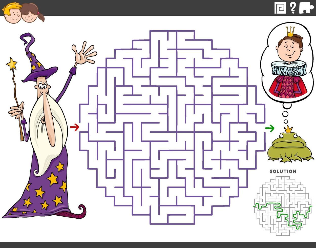 maze educational game with cartoon wizard and frog prince vector