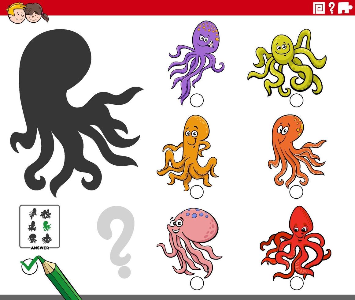 shadows game with cartoon octopuses animal characters vector