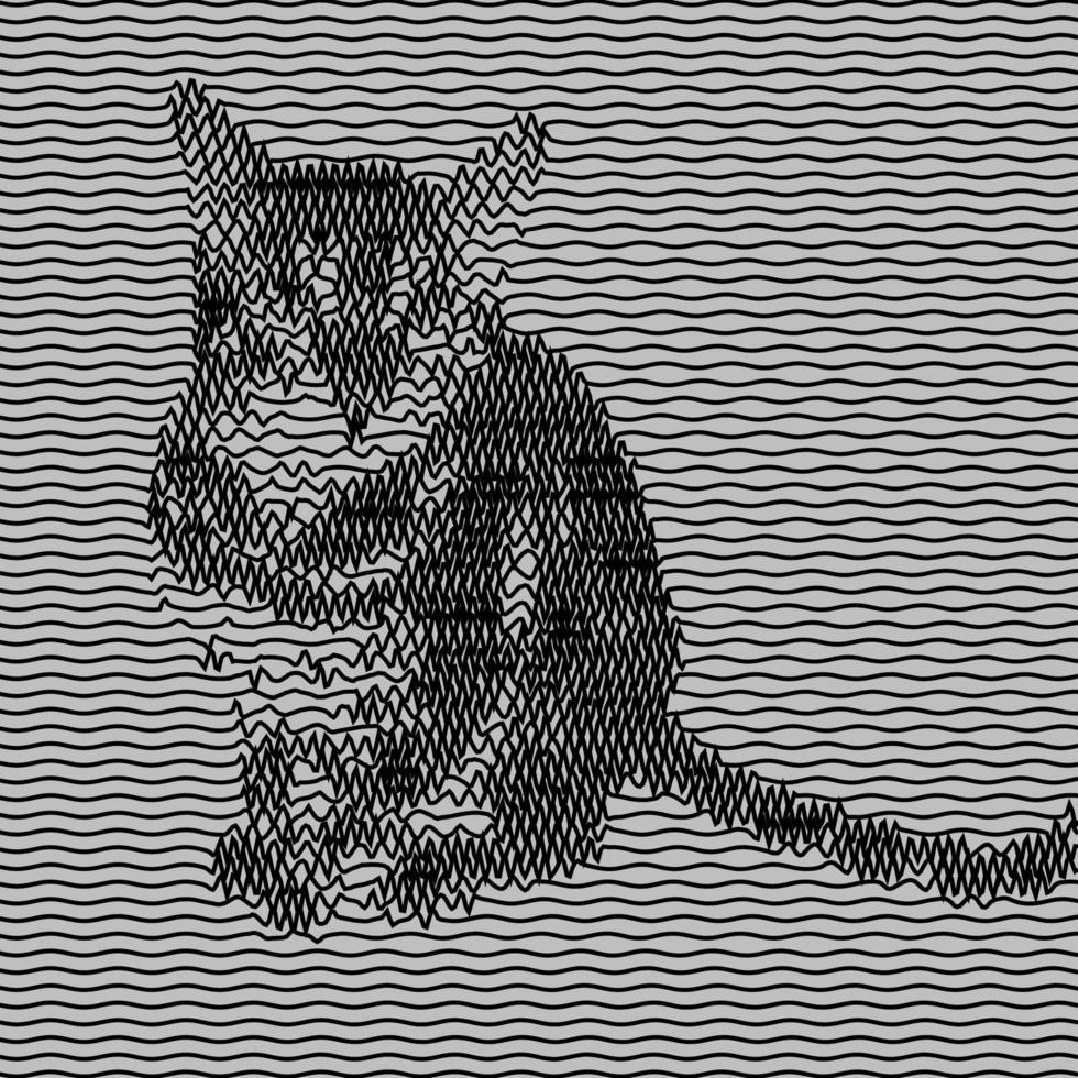 Sitting cat in line style. Optical art, vector striped picture. Black wave curve motion lines graphics.