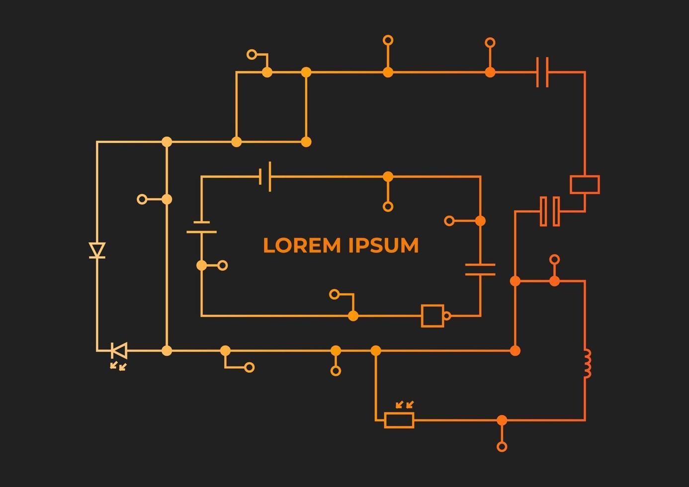 Template of a circuit drawing with inscription on a dark background. Background illustration for scientific and technical articles. vector