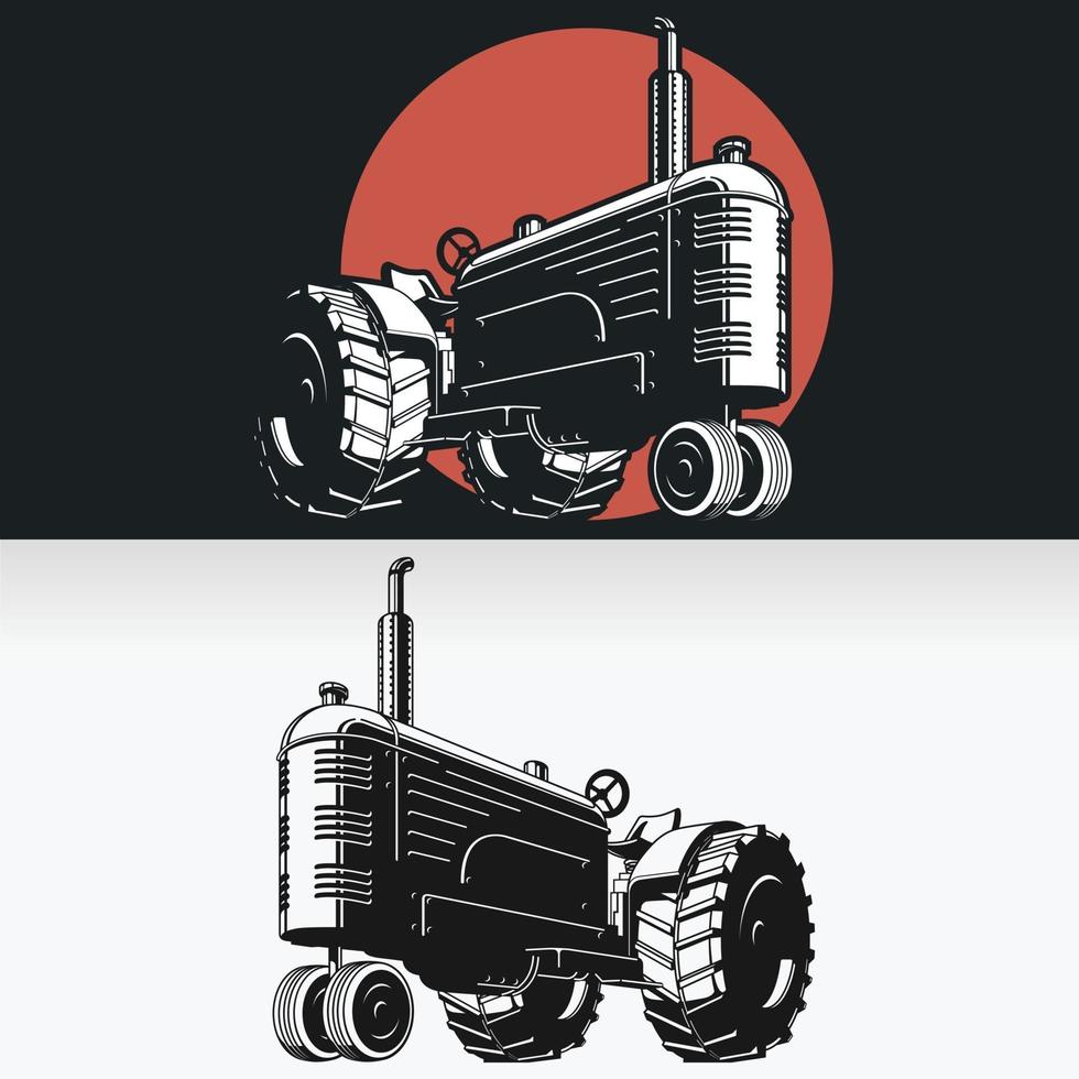 Silhouette Vintage Farm Tractor, Stencil Isolated Vector Drawing