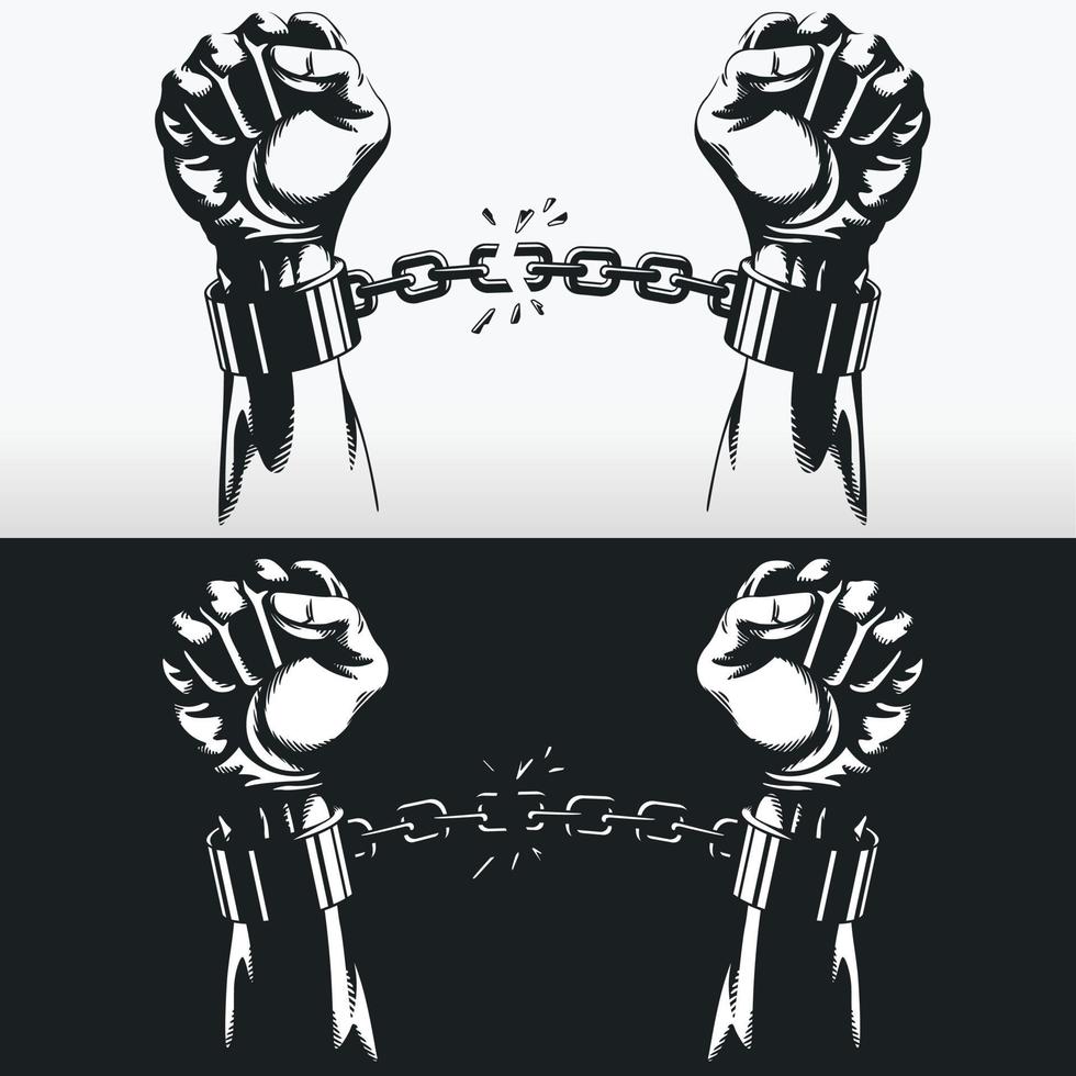 Freedom Hand Breaking Handcuff Chains, Silhouette Stencil Vector Drawing