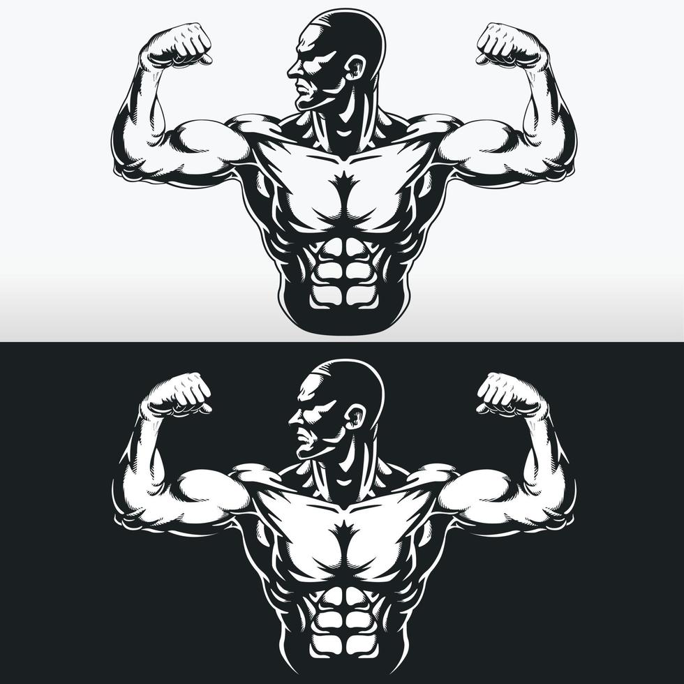Silhouette Gym Bodybuilder Flexing Arm Muscles, Stencil Vector Drawing