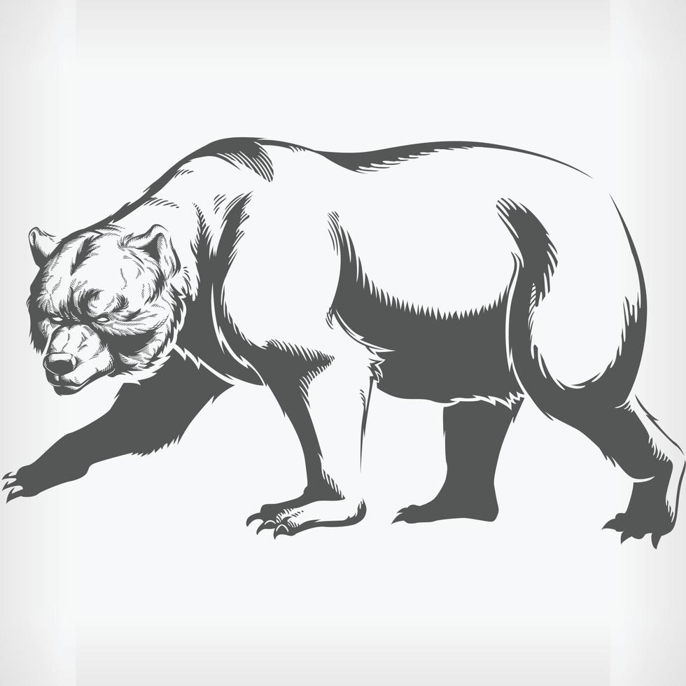 Silhouette Grizzly Brown Bear Walking, Stencil Isolated Vector Drawing