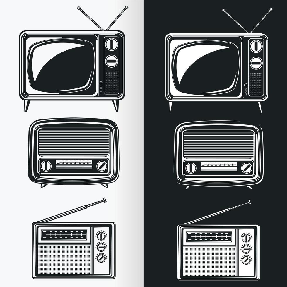 Silhouette of Retro Radio and Antique Television, Stencil Vector Drawing