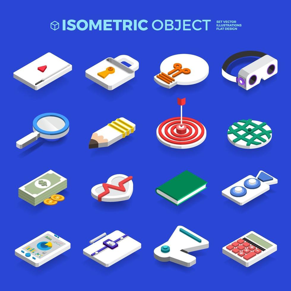 vector set iconos isométrico concepto de objeto 3d contenido empresarial y tecnológico. Ilustración de diseño plano.