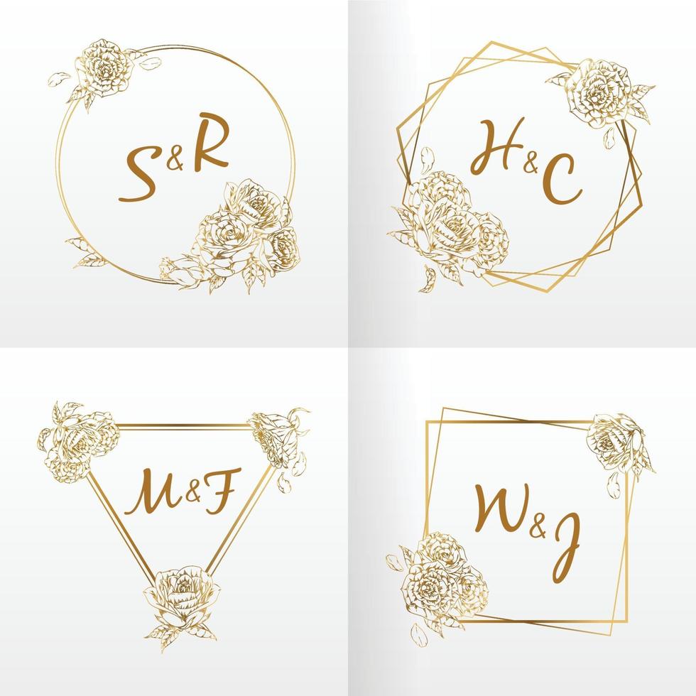 Monogram Wedding Frame, Floral Hand drawn Ornament, Rose Flower Vector