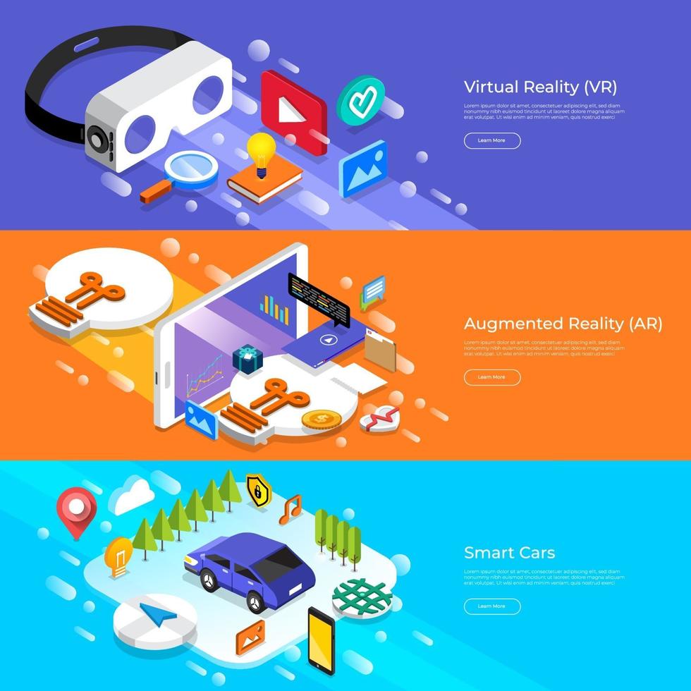 concepto de diseño plano realidad virtual, realidad aumentada y coches inteligentes. ilustrar el vector. vector