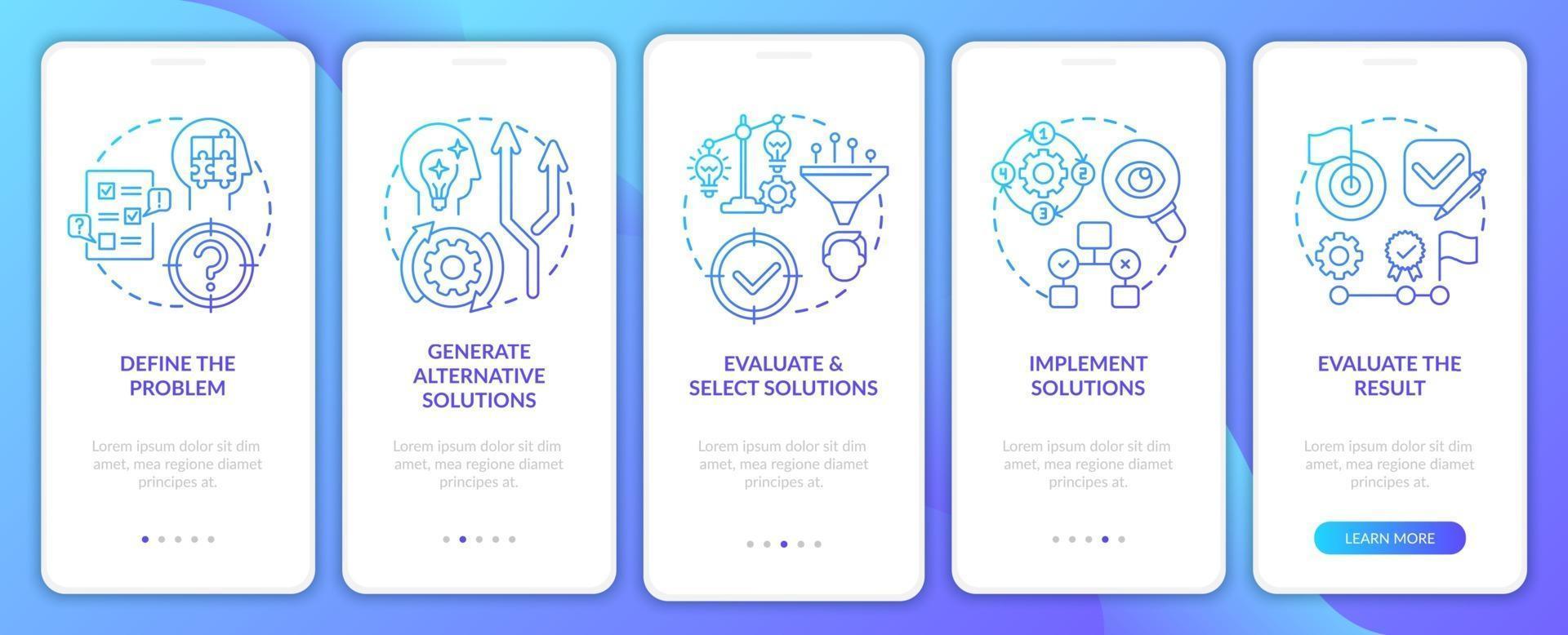 Problem solving steps navy onboarding mobile app page screen with concepts vector