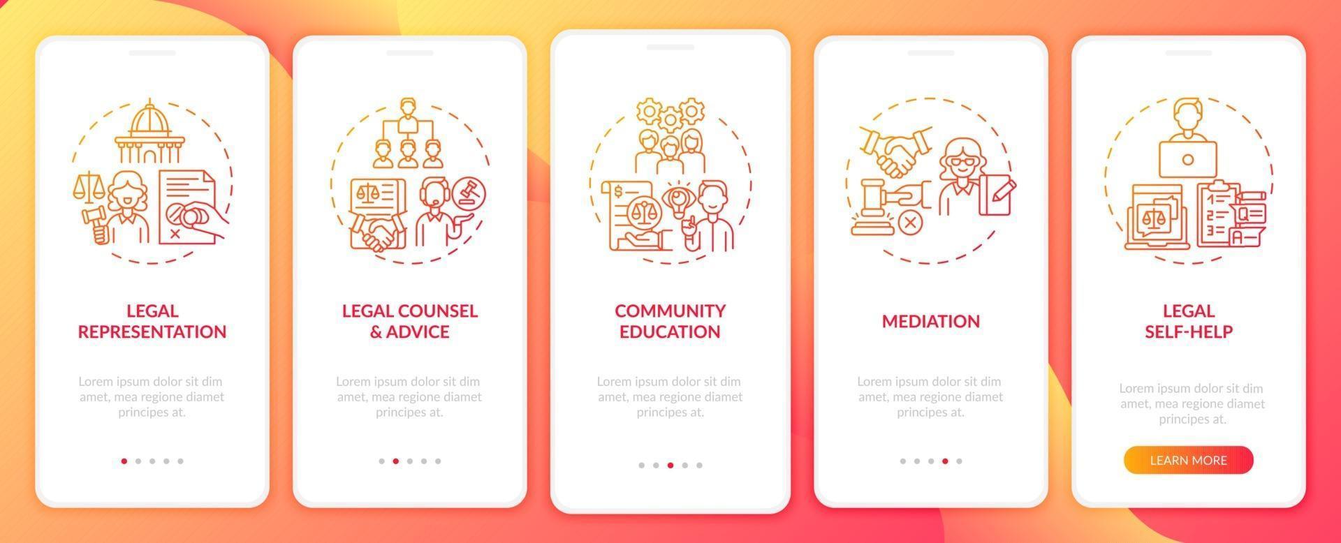 Legal services categories onboarding mobile app page screen with concepts vector