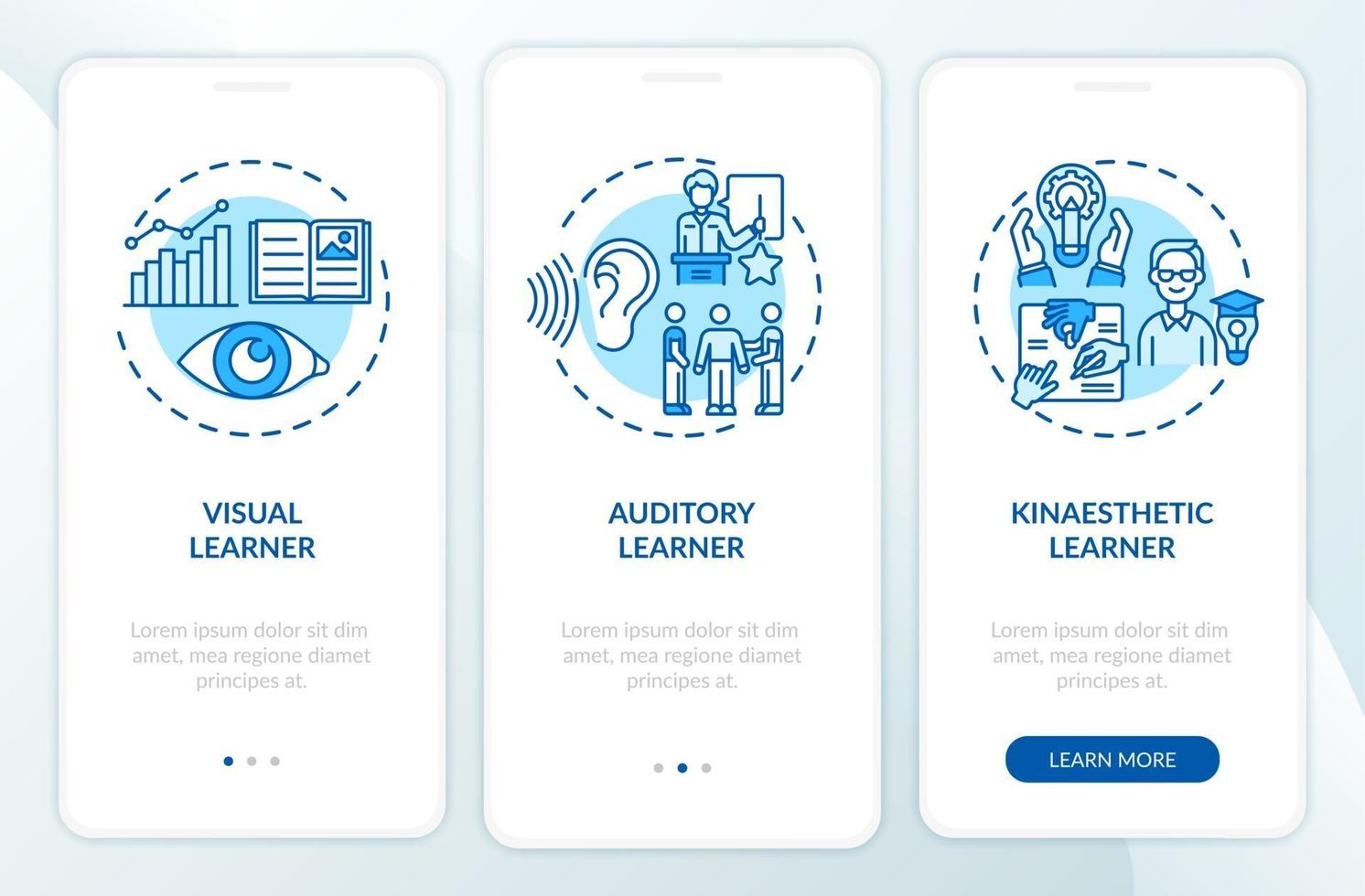 Learning styles blue onboarding mobile app page screen with concepts vector