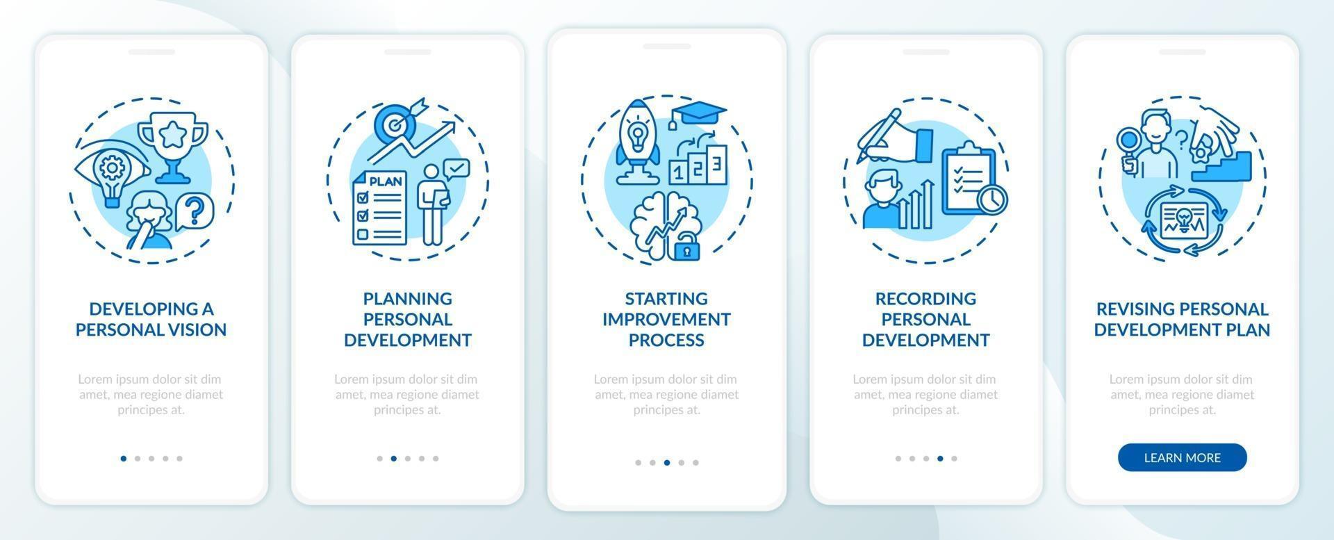 Pasos de desarrollo personal Pantalla azul de la página de la aplicación móvil de incorporación con conceptos vector