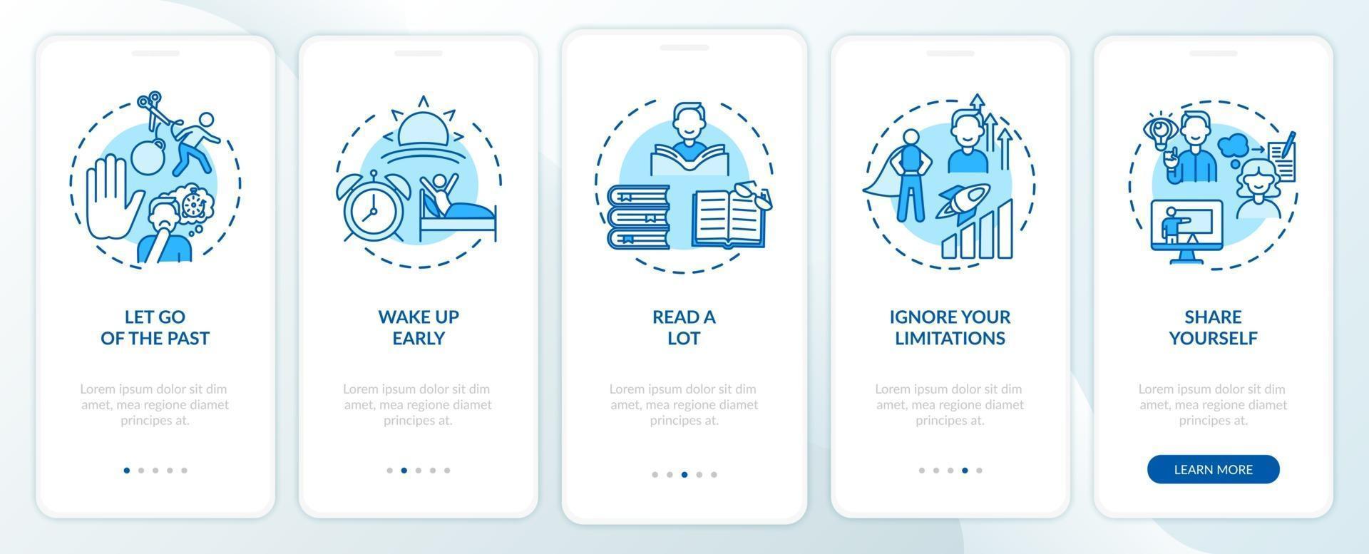 Self-development tips blue onboarding mobile app page screen with concepts vector