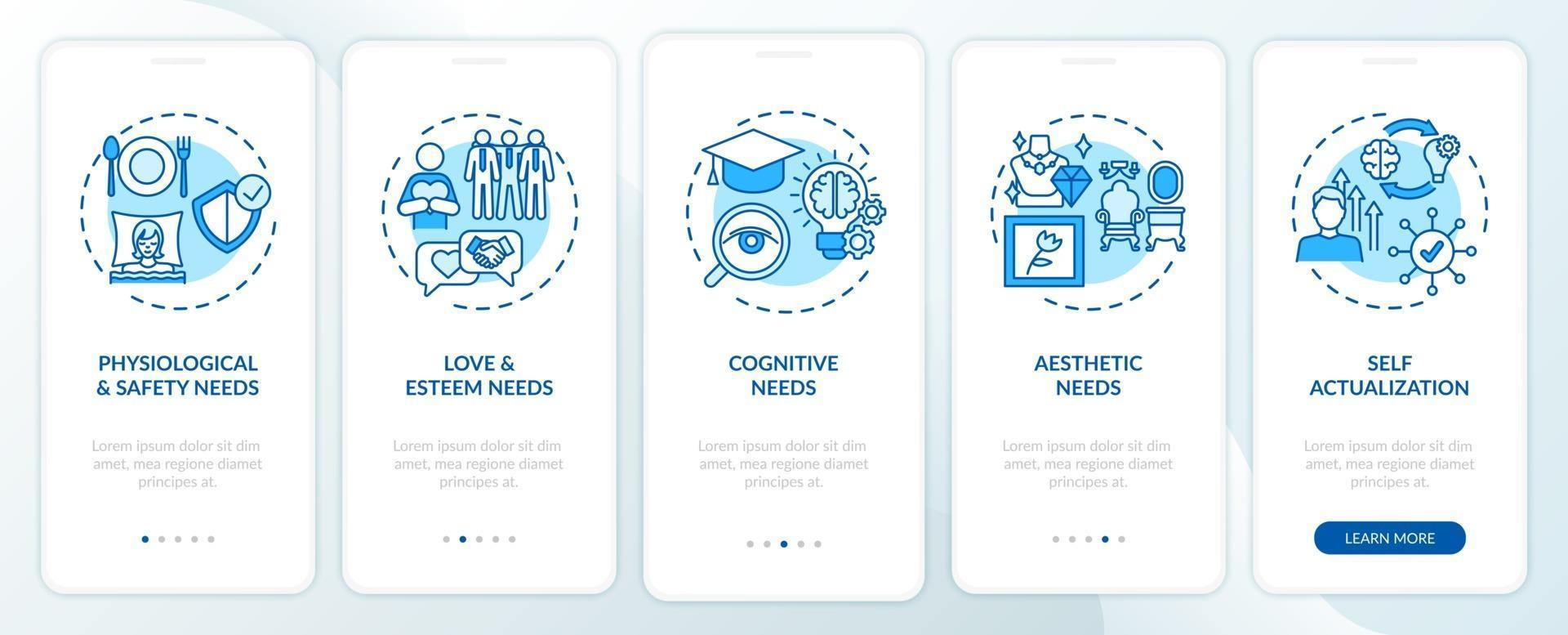 Human being needs blue onboarding mobile app page screen with concepts vector