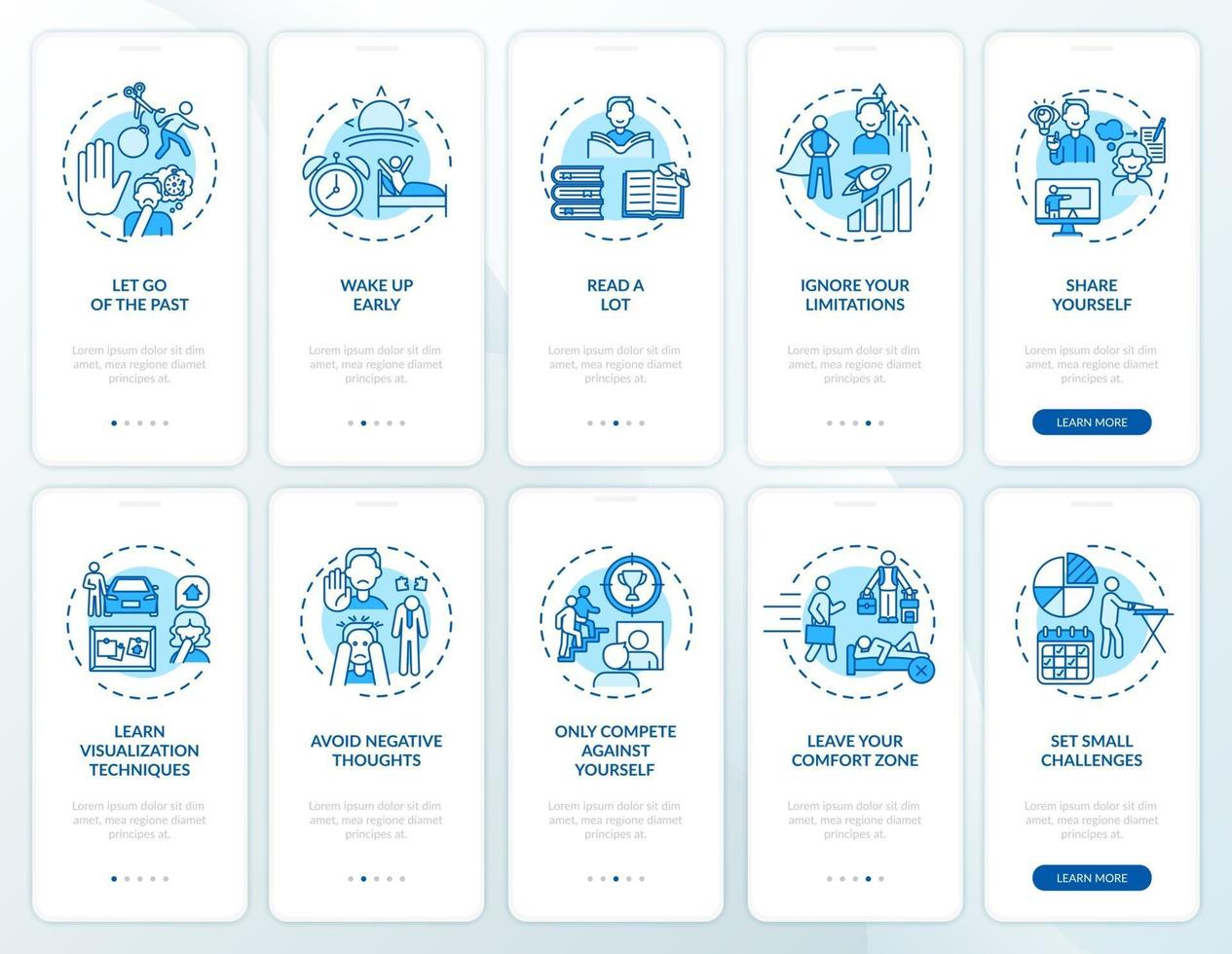 Self-development tips blue onboarding mobile app page screen with concepts set vector