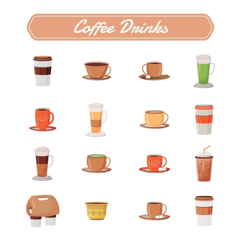 Coffee drinks flat color vector objects set.