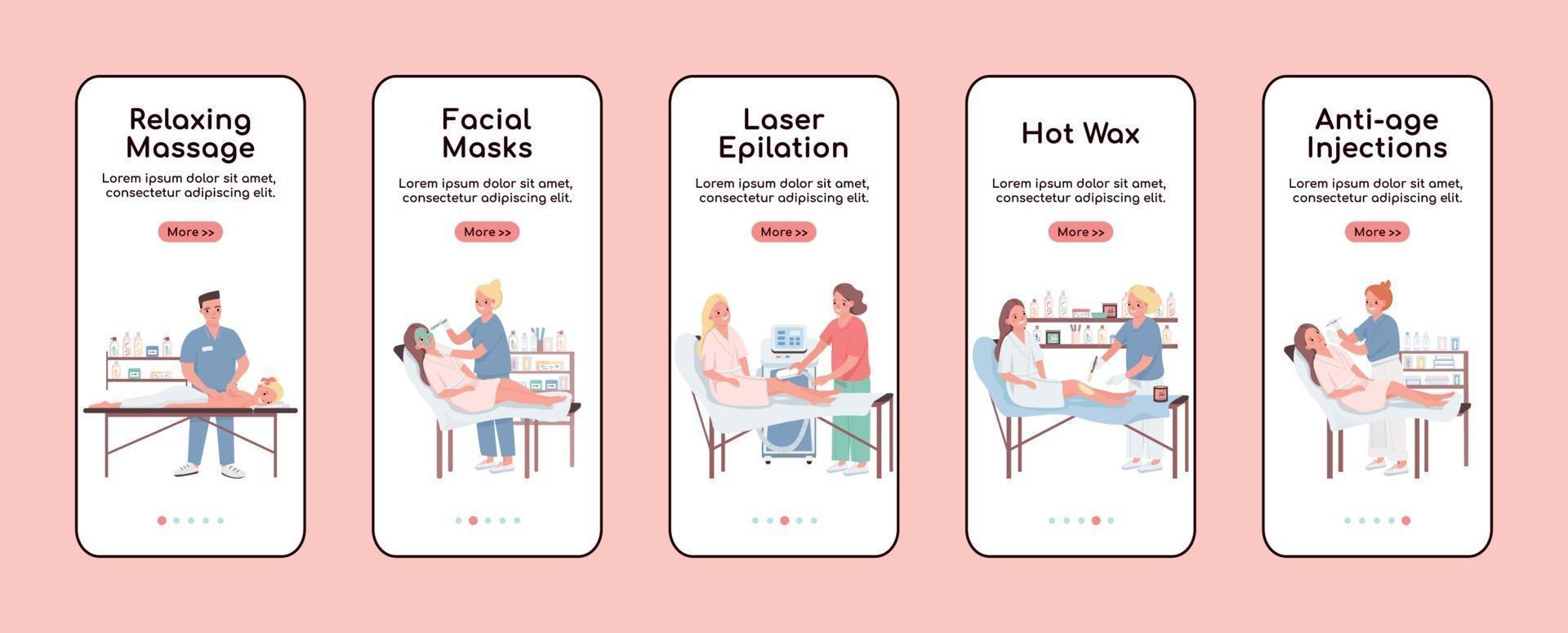 Beauty salon onboarding mobile app screen flat vector template set