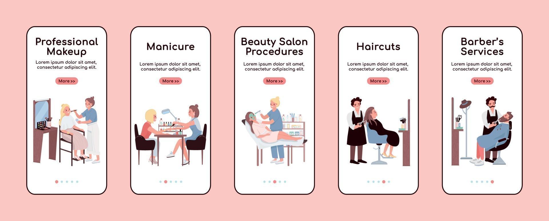 Beauty salon onboarding mobile app screen flat vector template set