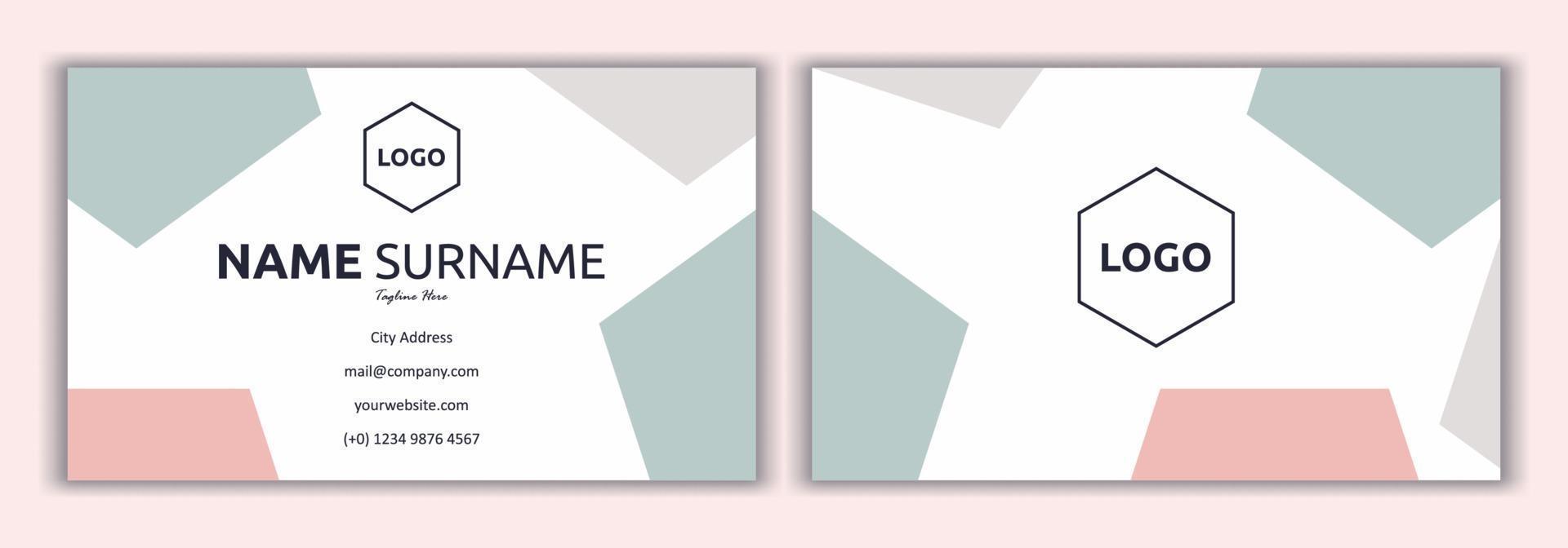 Pink business card template vector illustration. Fashion and beauty background. Flat simple design of business card with logo sample, soft and pastel colored. Stationery design, print template.