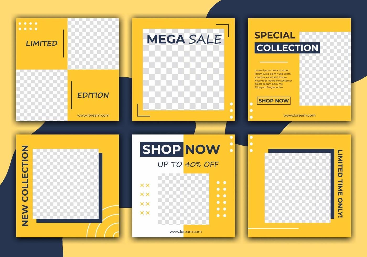 Editable template post for social media ad. Dark blue and yellow background color with stripe line shape. Anyone can use this design easily. Elegant sale and discount promo. Vector illustration