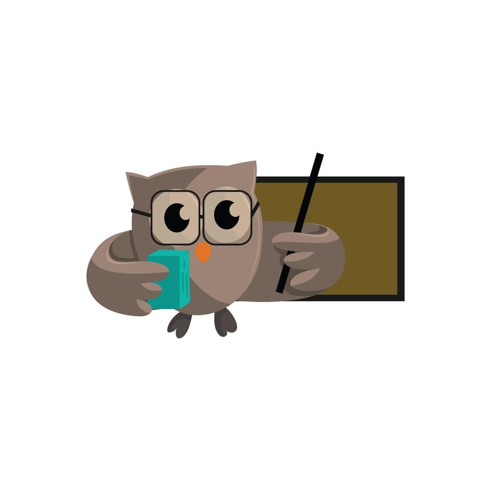 Owl bird Bring Book and pointing to blank board. template design Smart Education with Owl Symbol vector