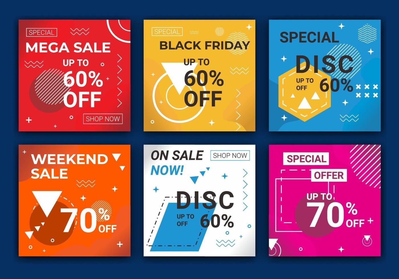 Square colorful social media posts templates set. Creative vector simple modern fashion sale ig feed post template for mobile apps, sale web banners. Summer clearance sale post and stories
