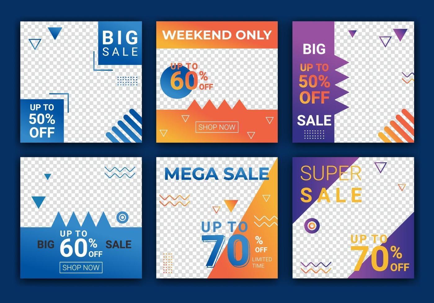 Set of editable square banner template design for fashion sale post on ig. Web banner ads for promotion design with blue, orange and purple color. Sale banner adversiter template. Vector illustration