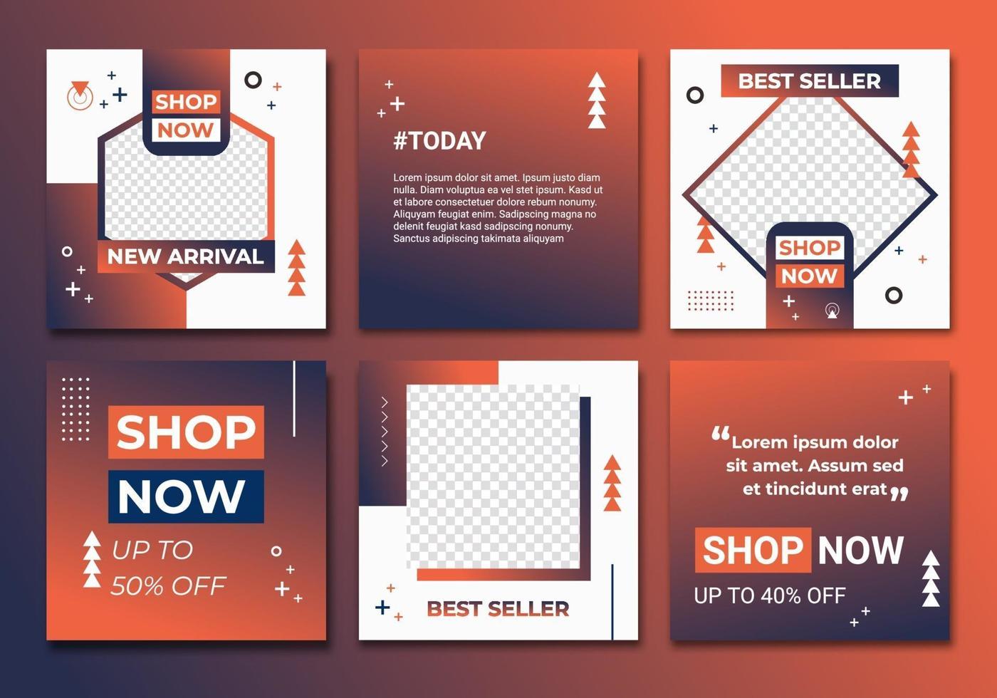 Modern collection template social media post feed. Orange gradient dark blue, ig feed, ig template, ig frame in minimalist style. Sale label with colored abstract background set vector illustration