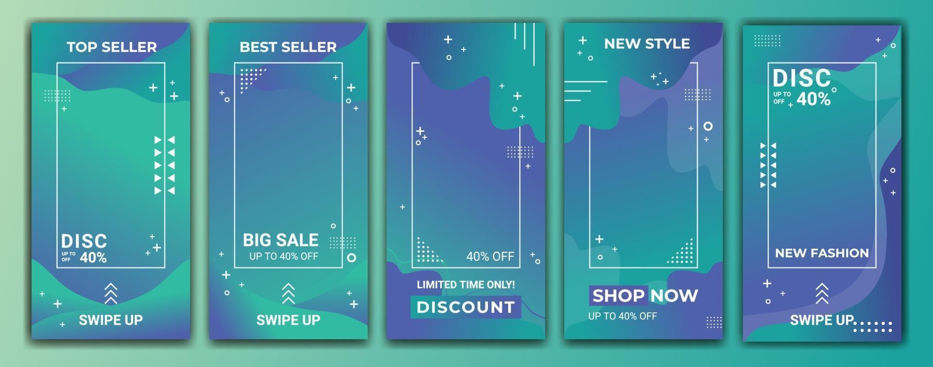 Editable story template collection with wave colored gradient in purple, blue and tosca. Abstract vector illustration for  stories, frame, template, social media, web banner ads.