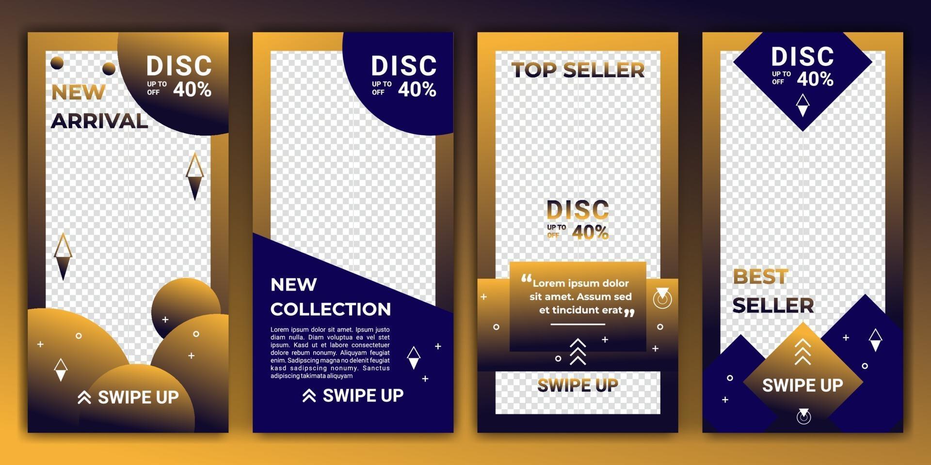 Design backgrounds for social media in gradient color gold and blue. Editable template for ig stories, ig template and web banner ads. Abstract design for your sale product. Vector illustration