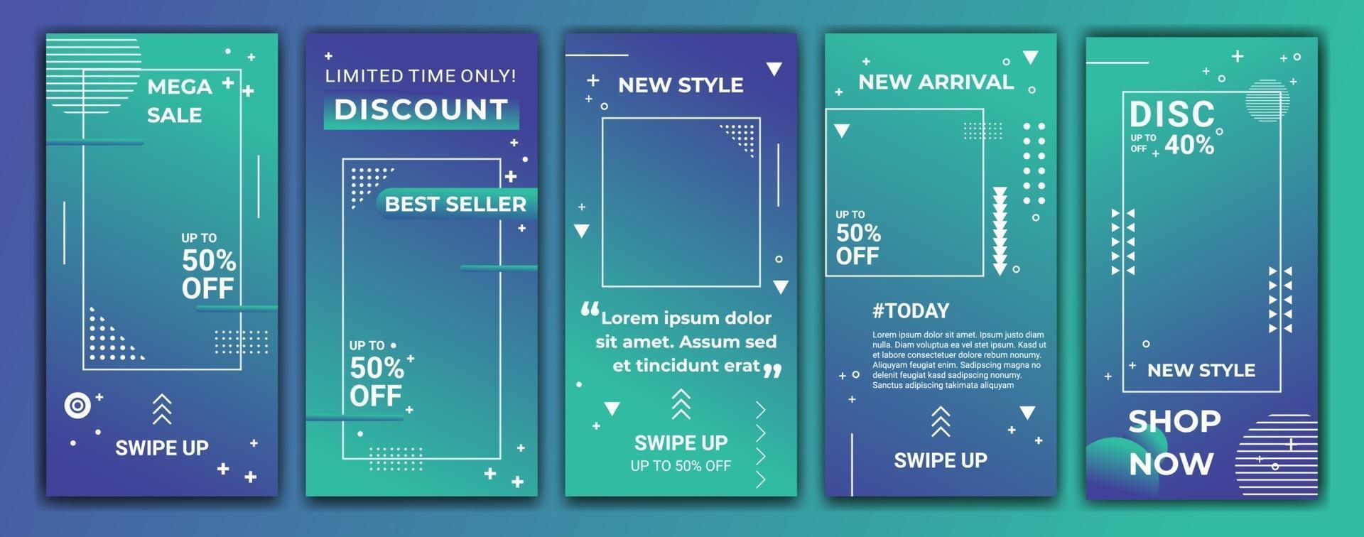 Editable story template collection with wave colored gradient in purple, blue and tosca. Abstract vector illustration for ig stories, ig frame, ig template, social media, web banner ads.