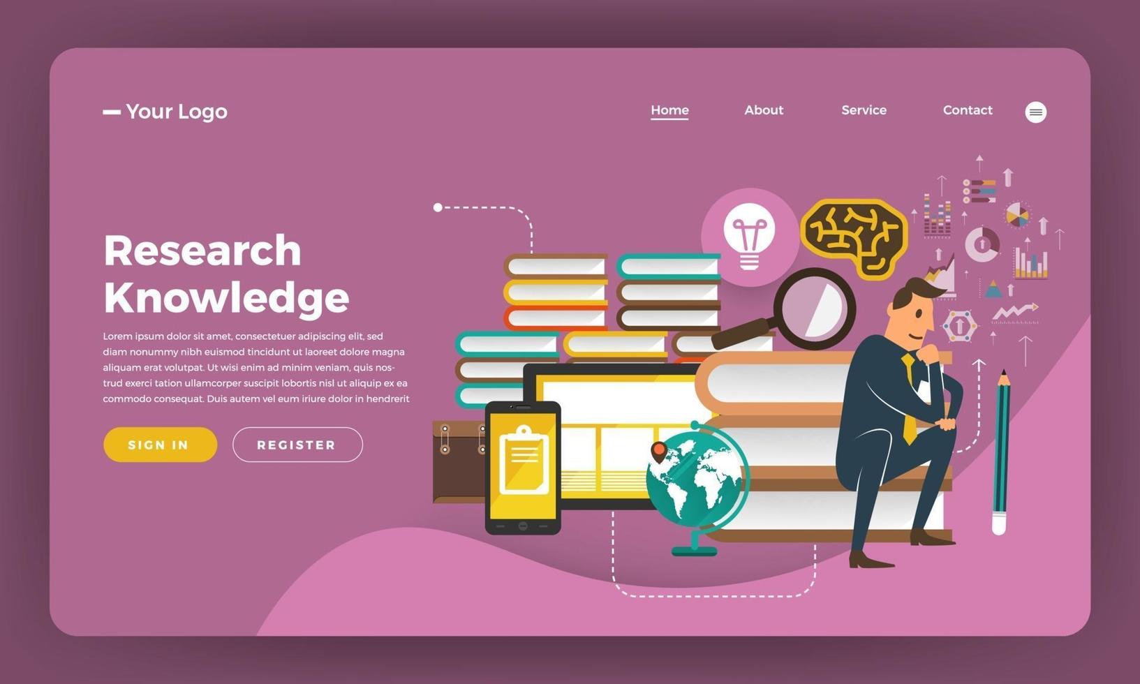 Mock-up design website flat design concept digital marketing. Research Knowledge.  Vector illustration.