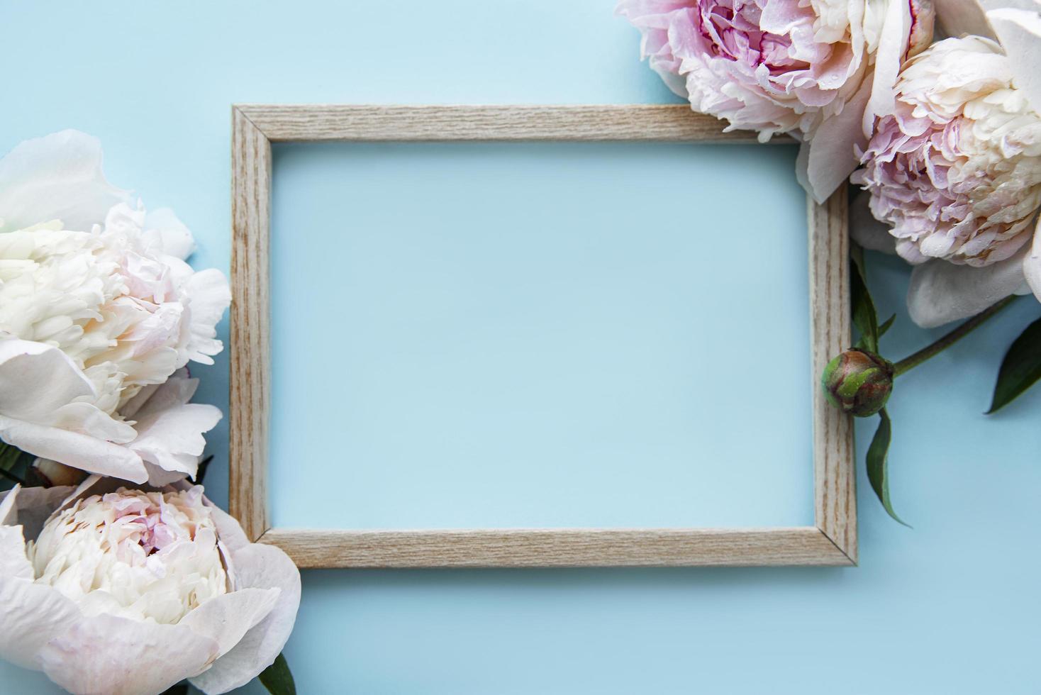 Wooden frame surrounded by beautiful pink peonies on a blue background photo