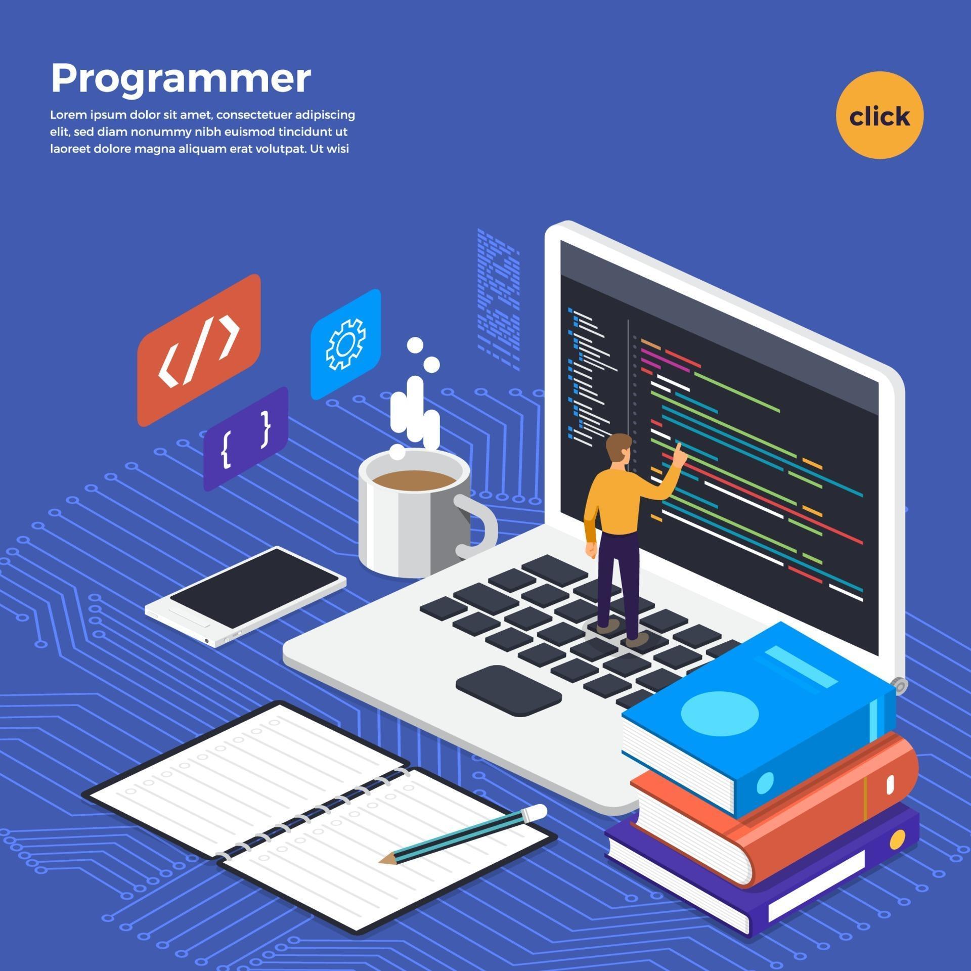 Flat design concept programmer coding program. Vector illustrate ...