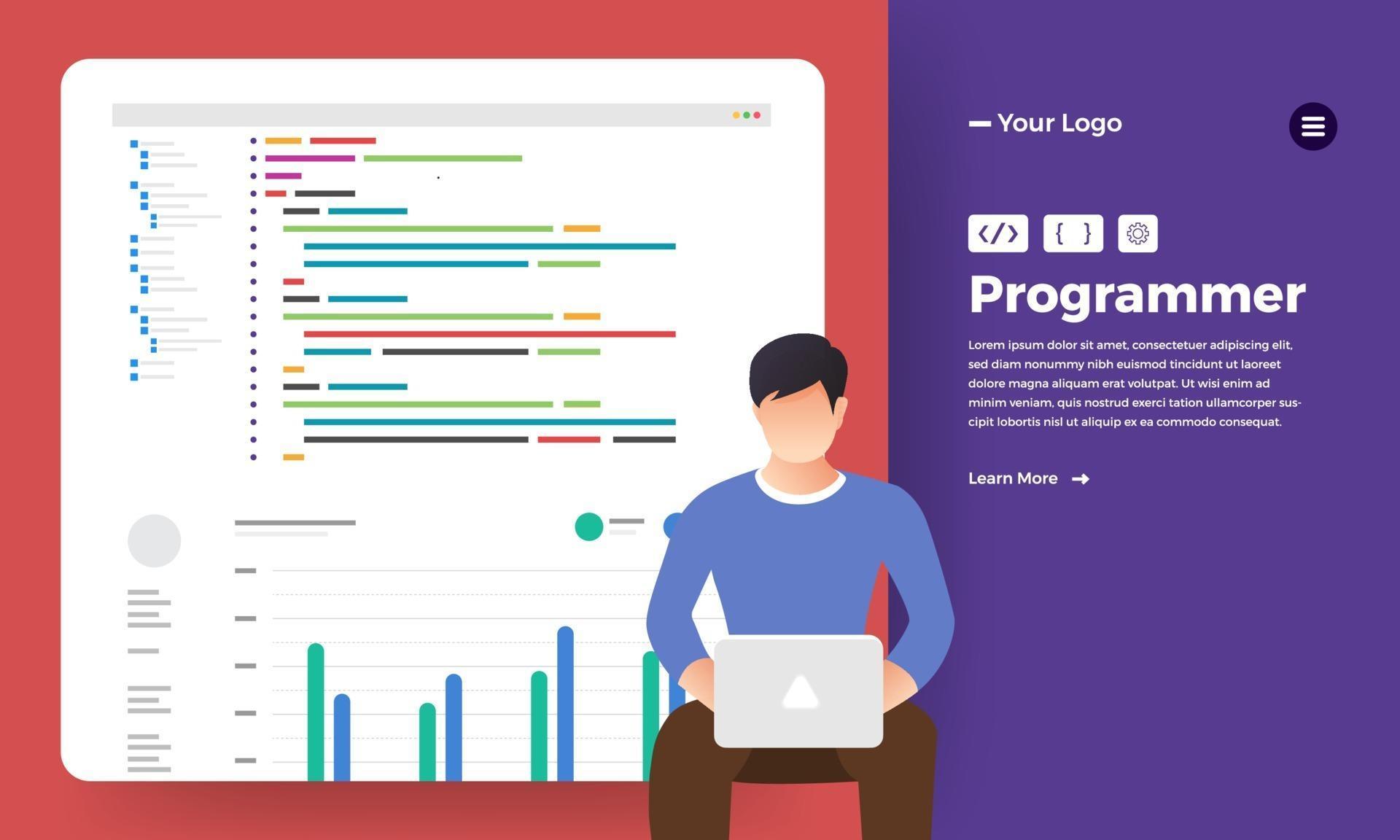 Flat design concept programmer coding program. Vector illustrate ...