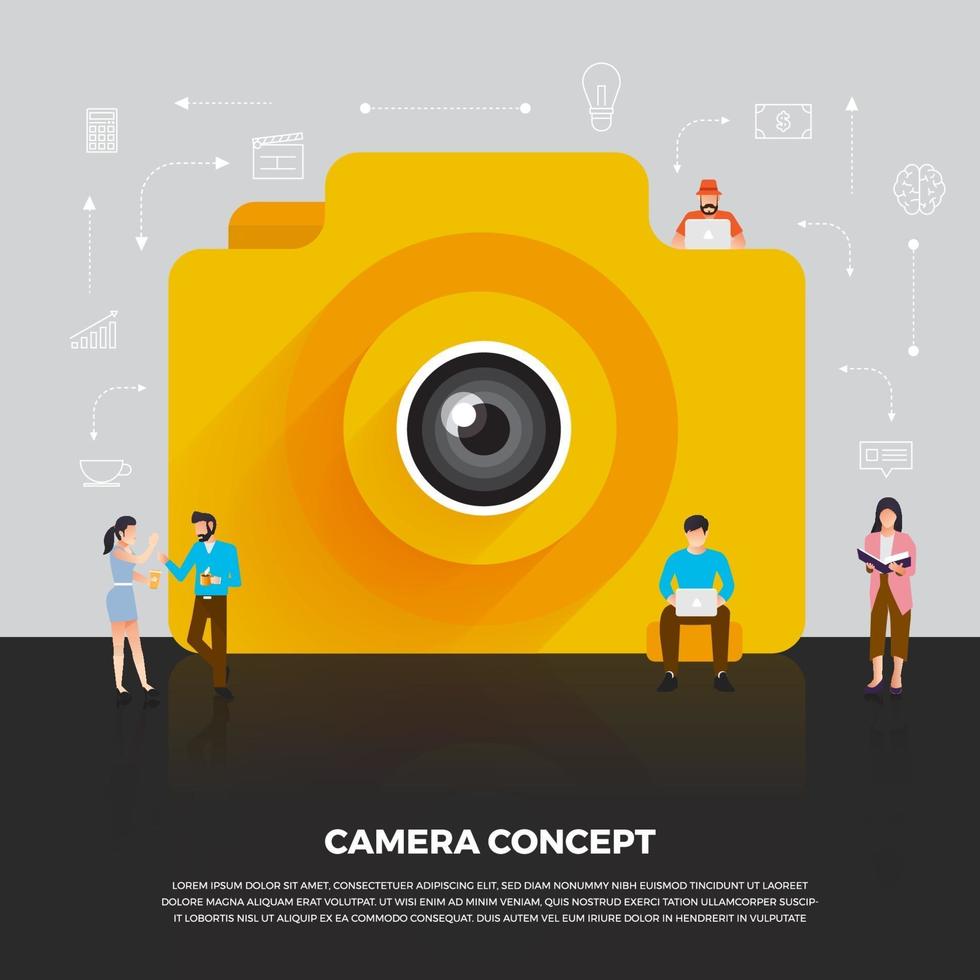 Flat design concept camera mobile. Group people develop icon camera mobile device. Vector illustrate.