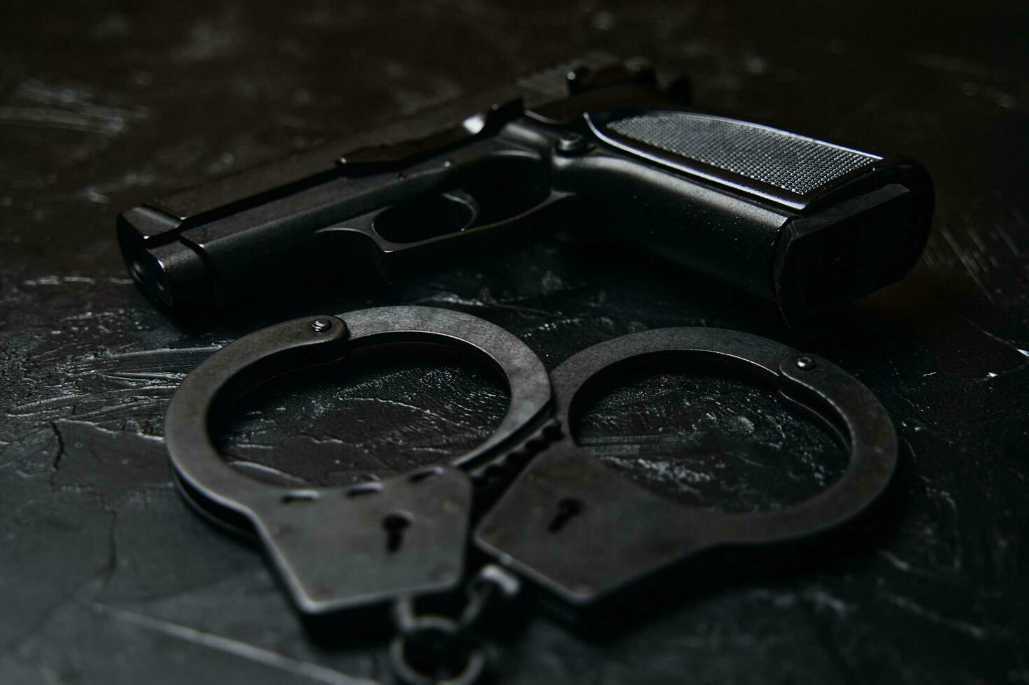 Gun and handcuffs on black textured table photo