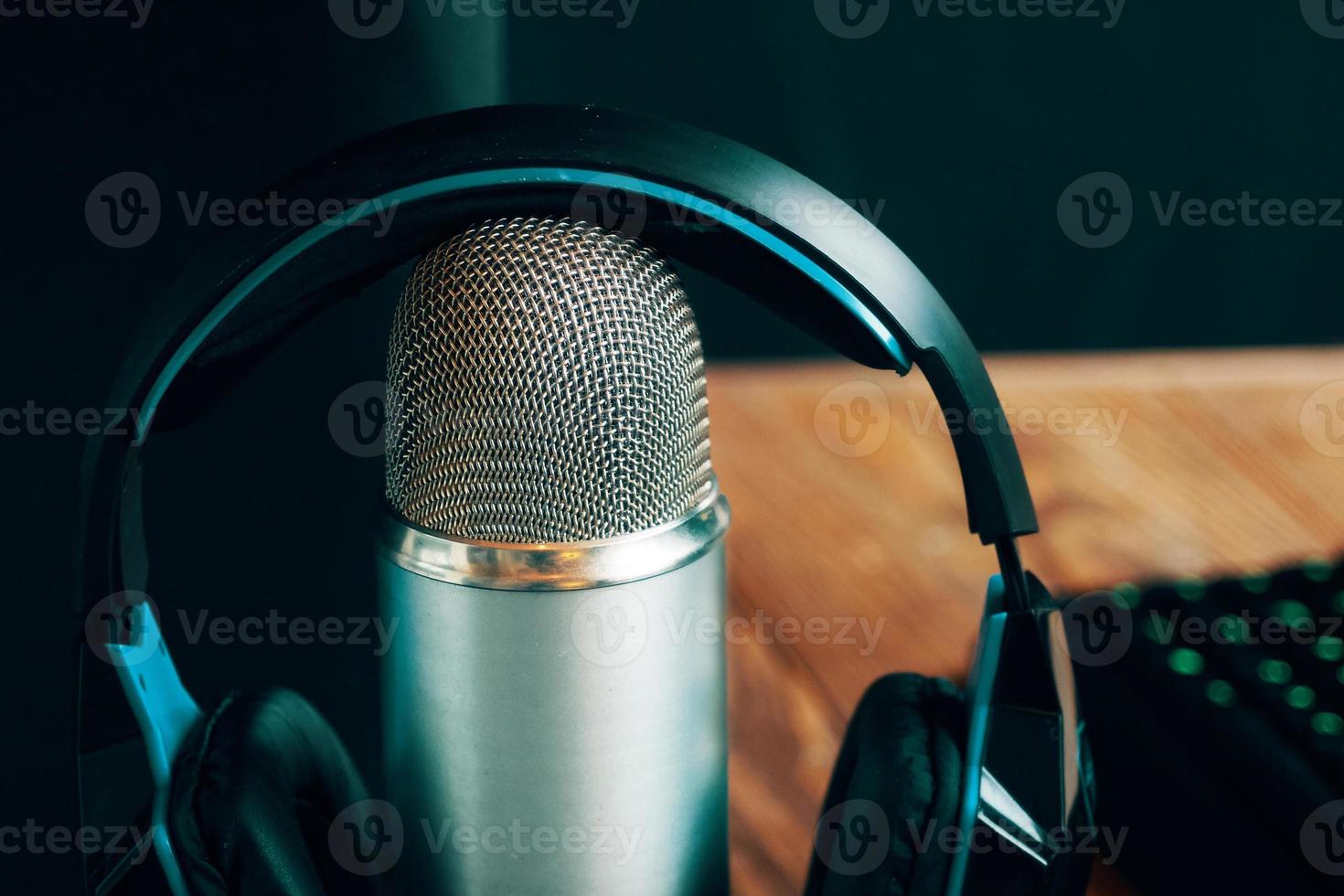 Radio show or audio podcast concept with computer set for interview photo