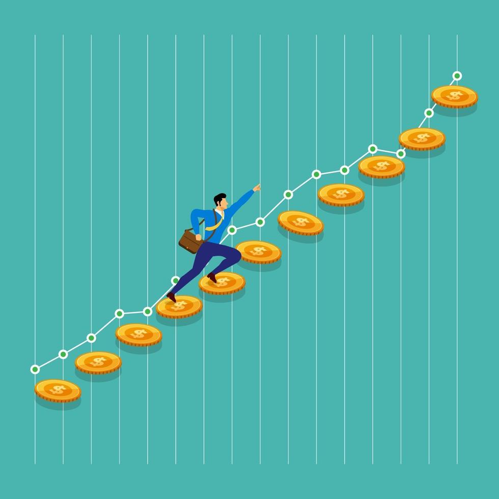 Flat design concept businessman success run on money growth up. Vector illustrate.