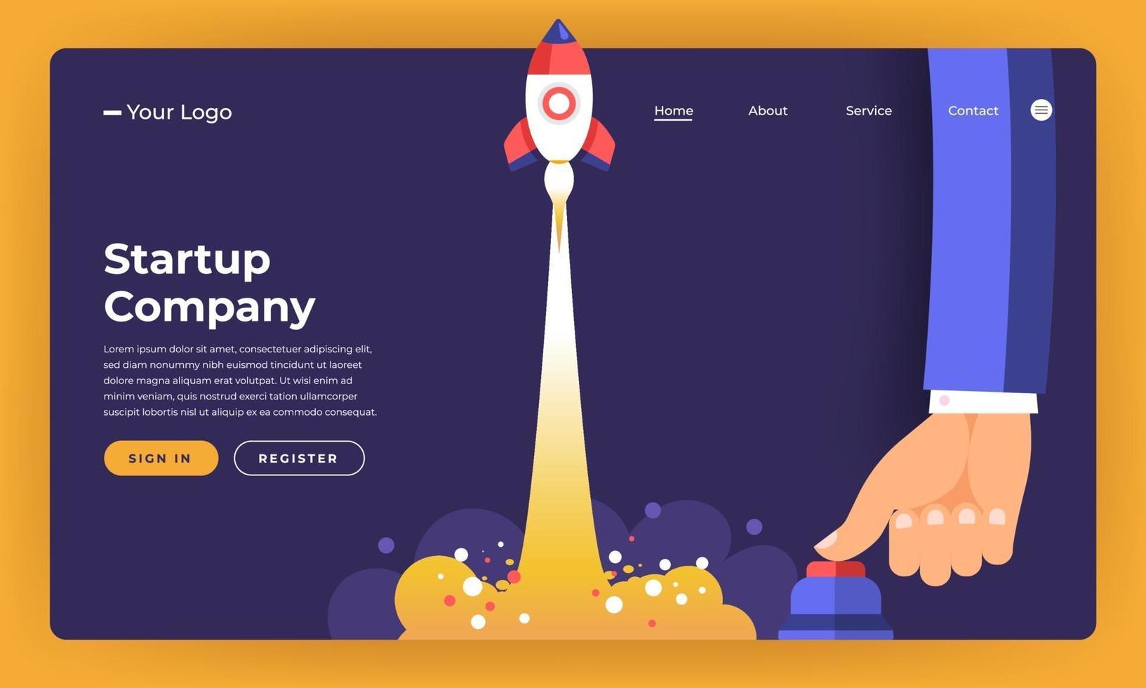 Mock-up design website flat design concept stratup rocket rise with hand push button.  Vector illustration.