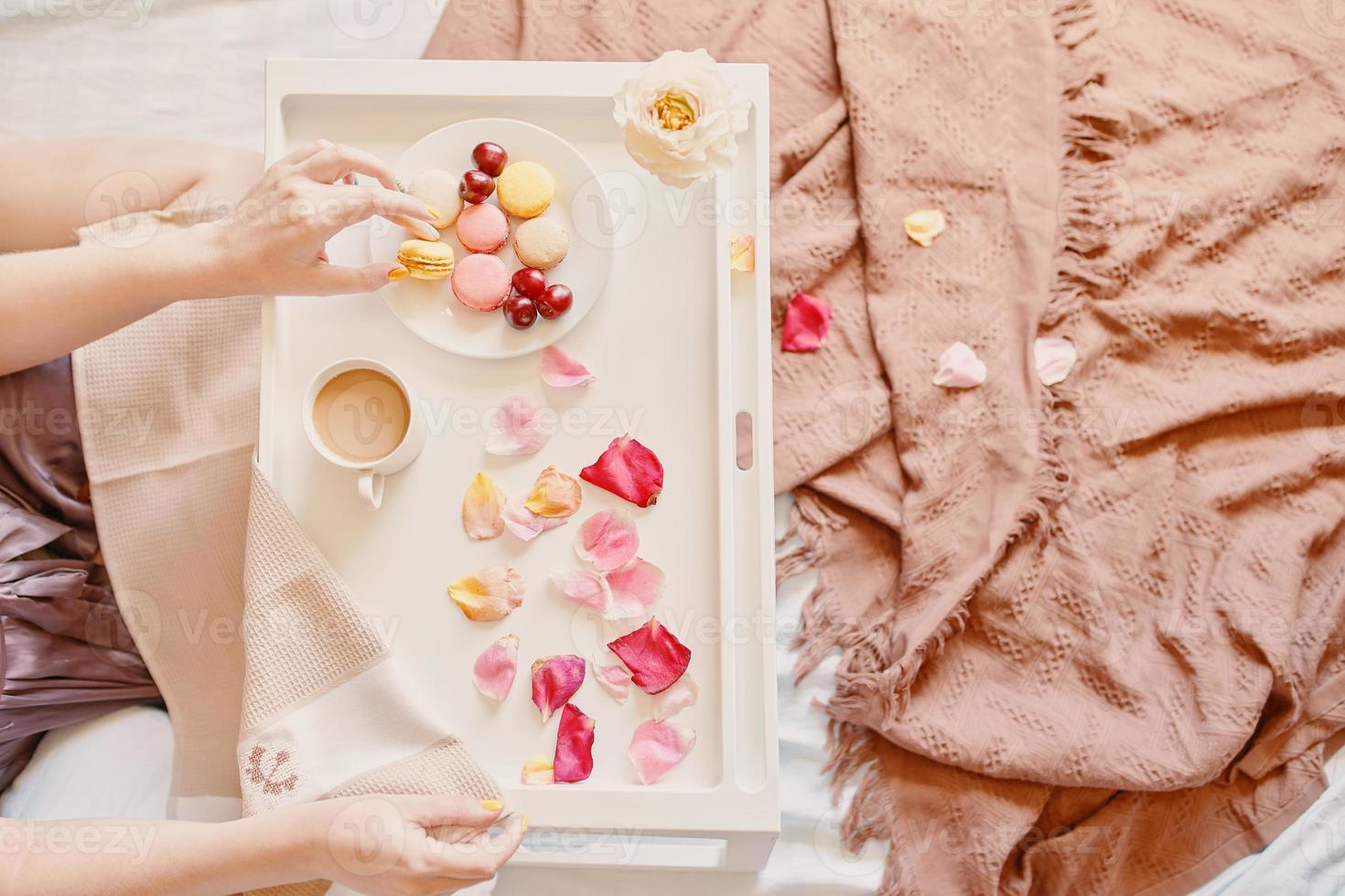 Top view of romantic breakfast in bed photo