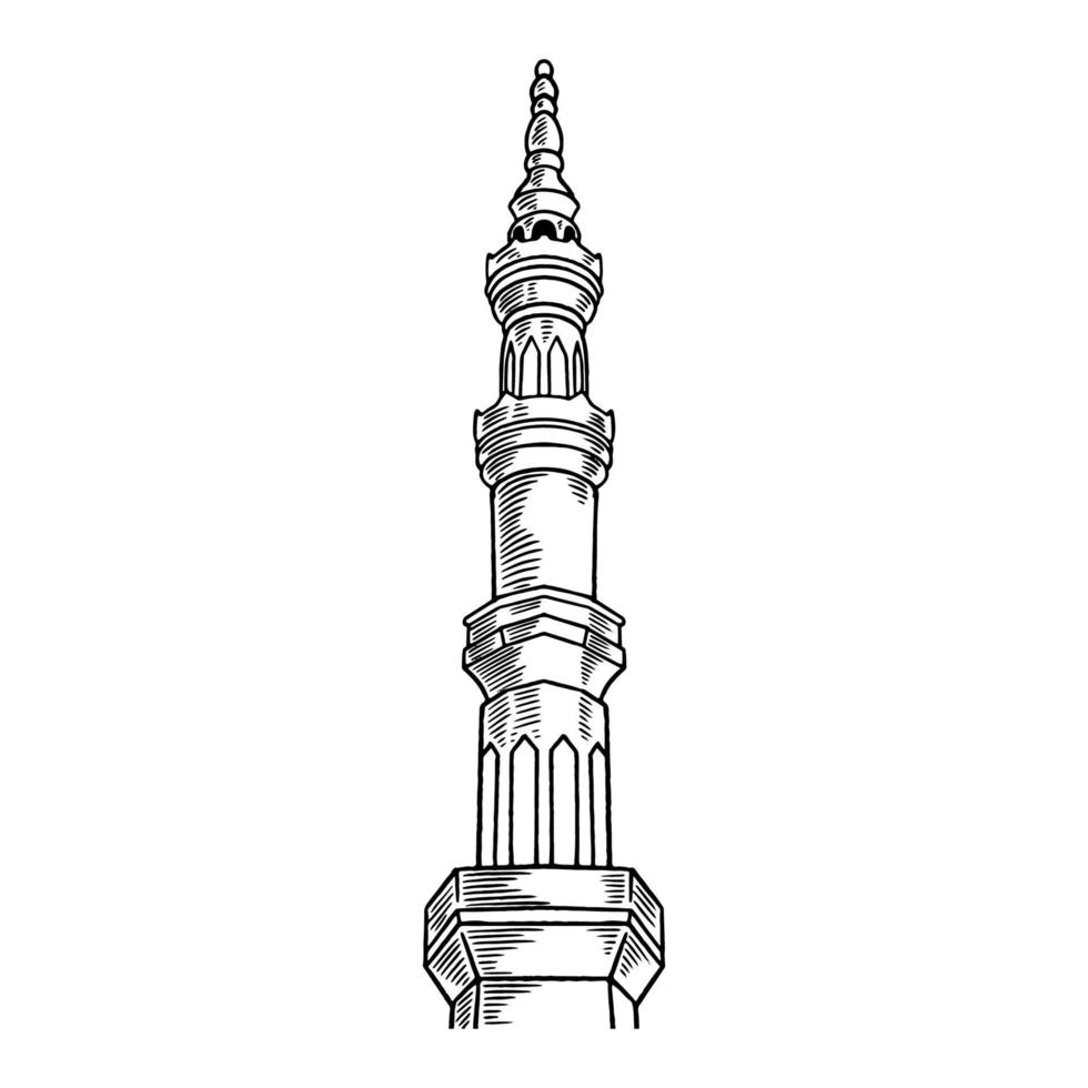 Detailed sketch of mosque tower for Ramadan Kareem isolated on white background. Happy Ramadan Mubarak free hand drawing. Vector illustration for ramadan celebration with islamic design