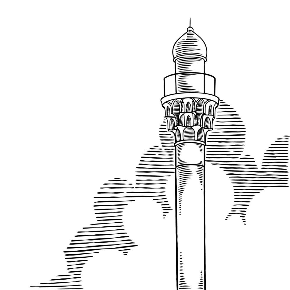 Hand drawn Ramadan Kareem and mosque minarets. Happy Eid mubarak. Template design for greeting card. Traditional islamic holiday celebration, arabic religion and culture sketch. Vector illustration