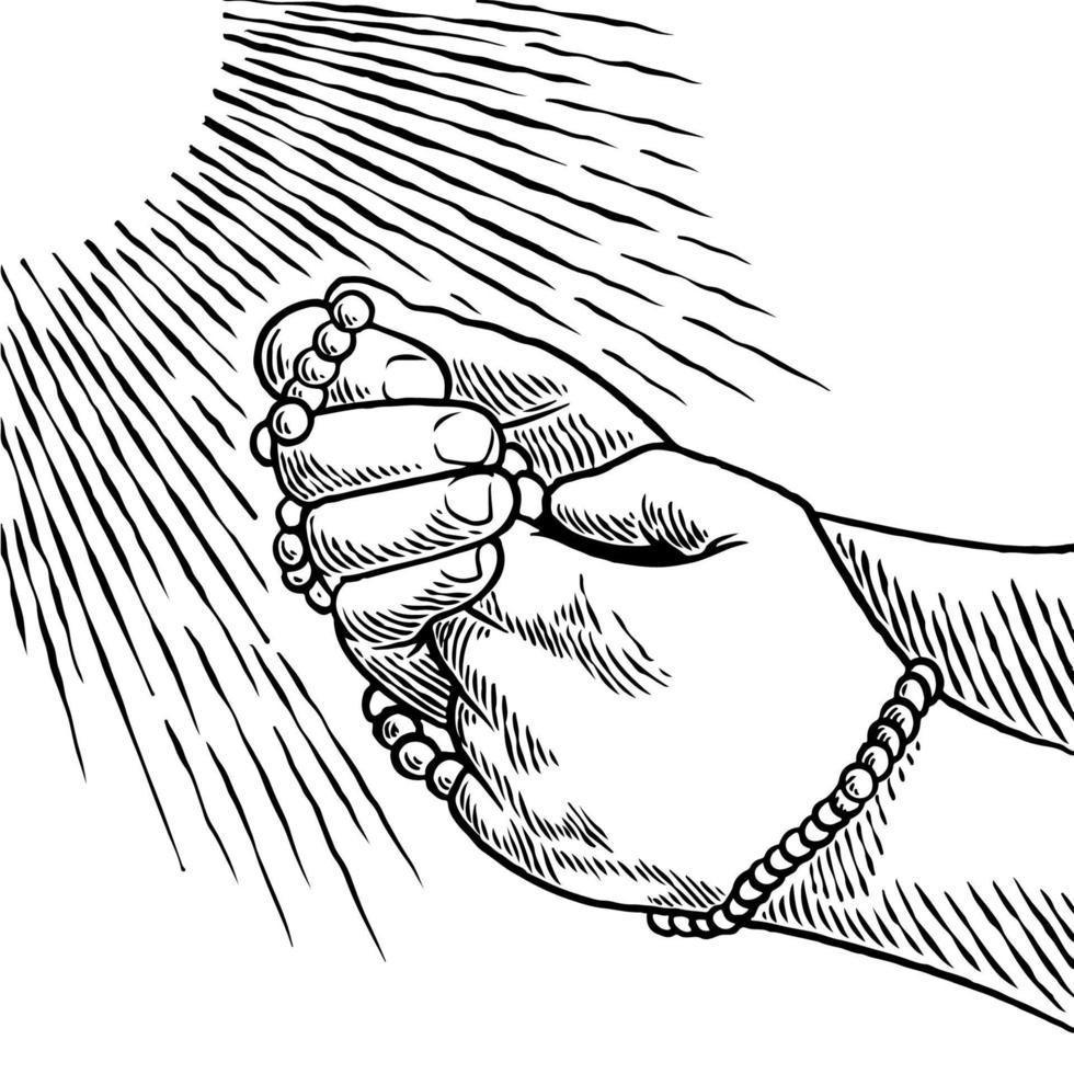 manos dibujadas a mano dobladas en posición de oración. oración a dios con fe y esperanza. un hombre reza mientras sostiene un rosario en sus manos aislado sobre fondo blanco en estilo vintage. ilustración vectorial vector