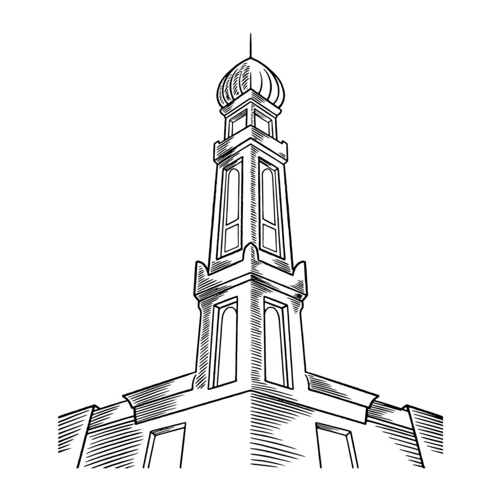 Hand drawn sketch illustration of mosque tower building with islamic design isolated on white background. Ramadhan Kareem, islamic blessed month. Happy Eid Mubarak. Islamic holy month festival vector