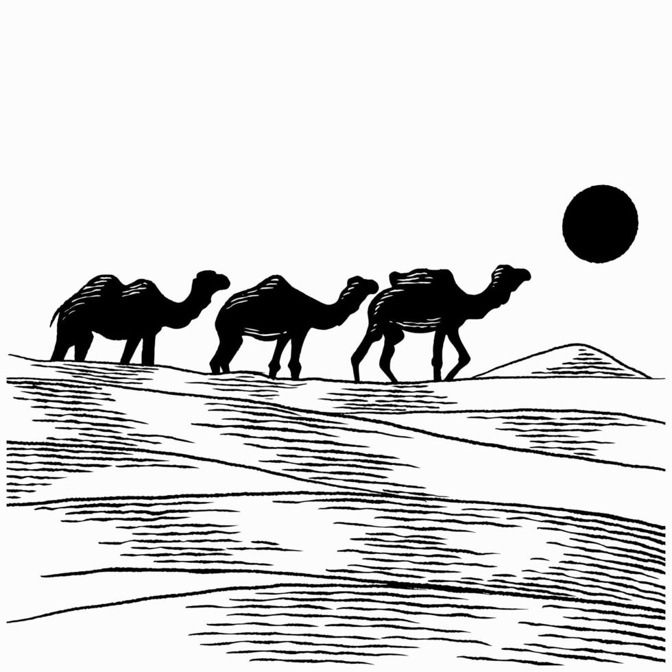 Hand drawn camels walk through the desert. Caravan going through the sand dunes isolated vector illustration. Camel caravan concept in vintage sketch in art retro engraved graphic style