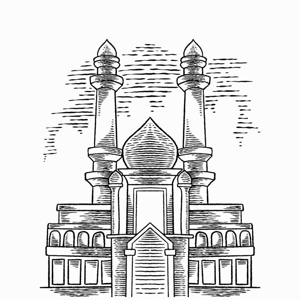 Vector arabic background with hand drawn big mosque. Beautiful greeting card design elements. Arabic religion and culture, arab architecture. Ramadan, prayers kneel, eid mubarak concept sketch.