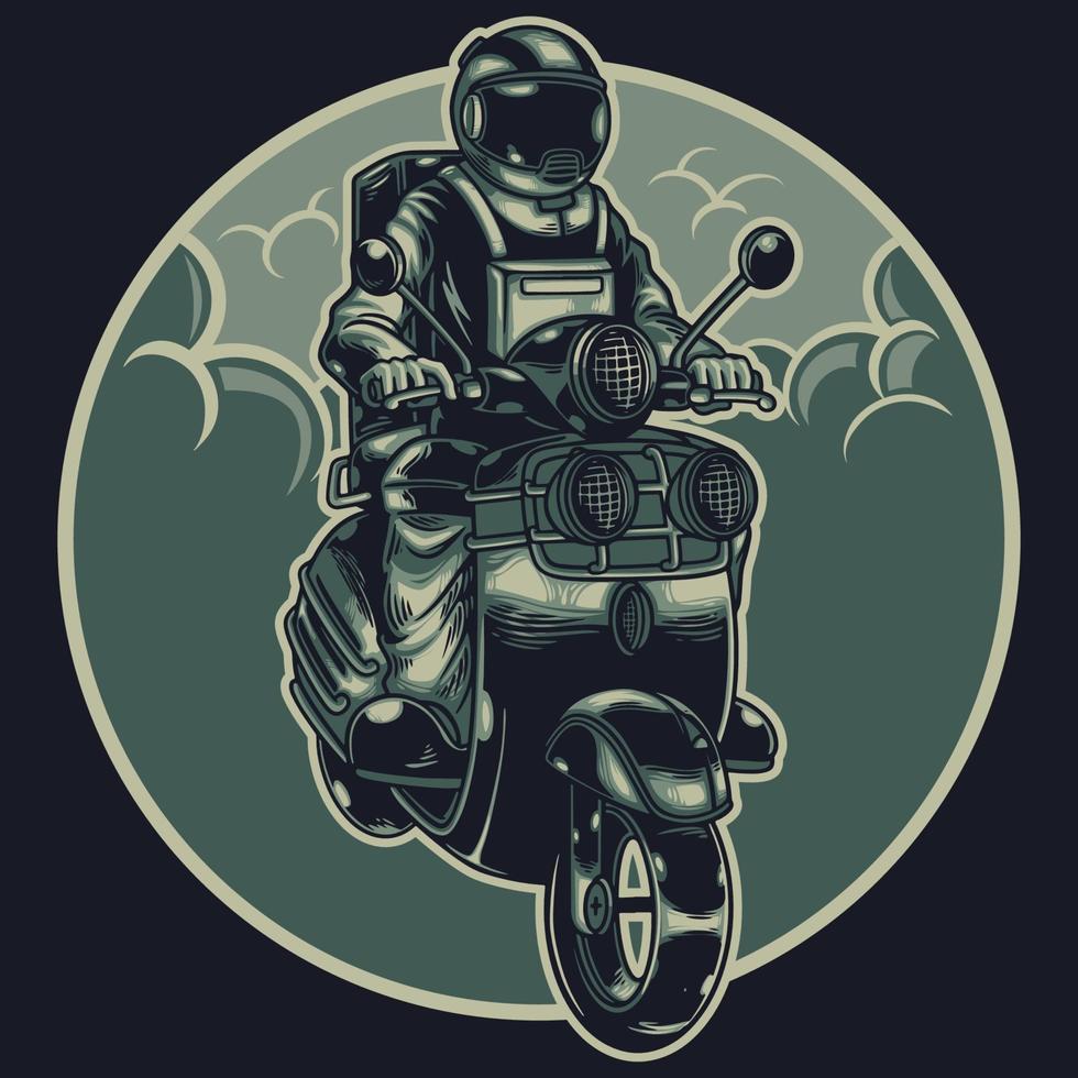 Astronaut on the motorcycle. Biker cosmonaut rides through the universe on a retro motorbike. Vintage motorcycle club. Space theme. Vector t-shirt, poster and other uses design illustration