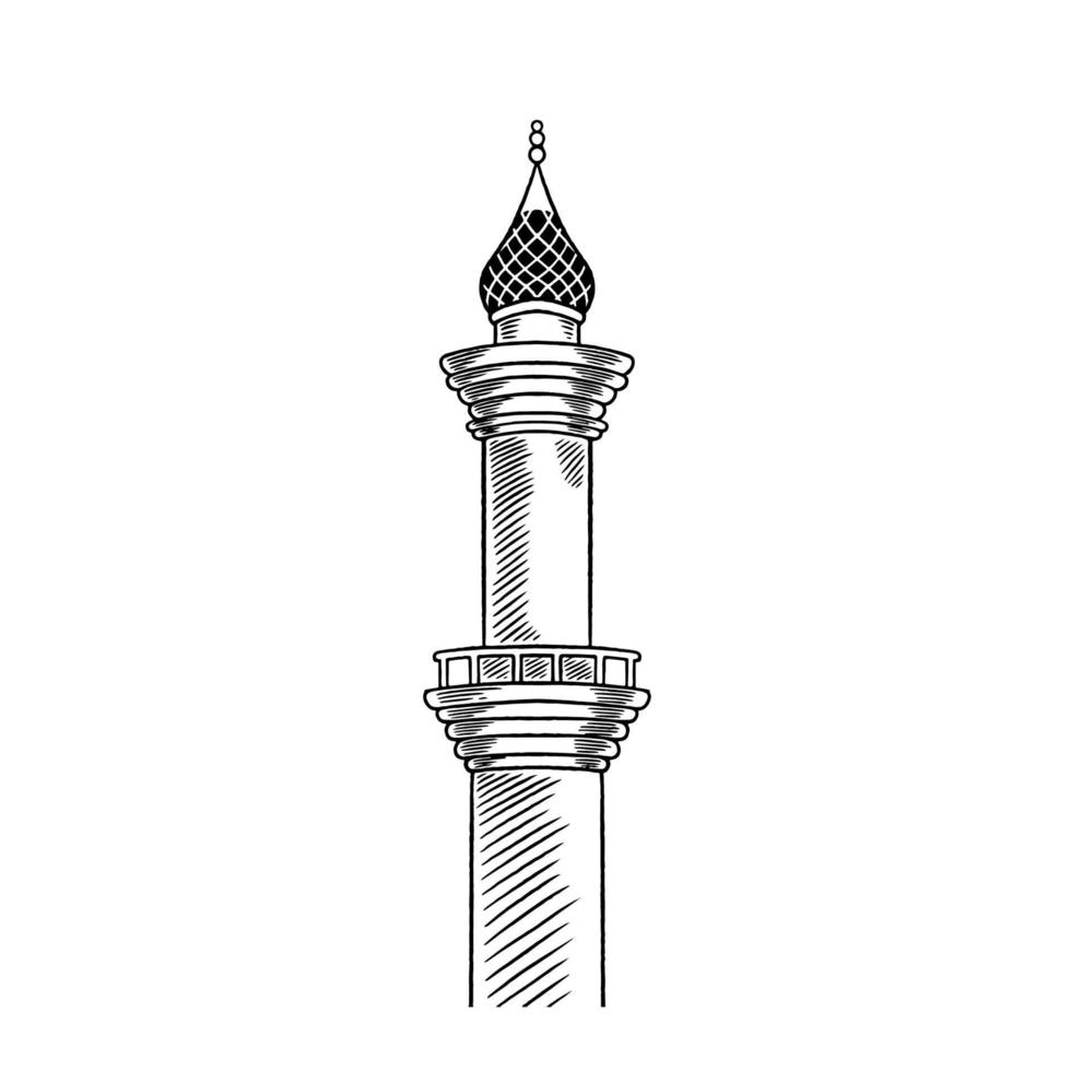 dibujo vectorial de la torre de la mezquita ilustración dibujada a mano. ramadhan kareem, feliz eid mubarak, concepto de celebración de ramadán aislado sobre fondo blanco. tradición musulmana con diseño de religión árabe vector